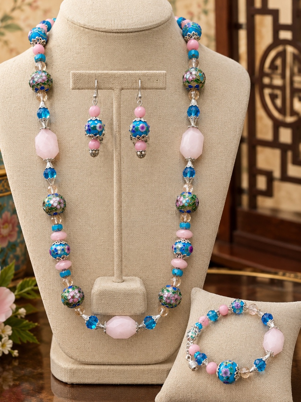 Artisan Cloisonné, Wedding Cake, Cathedral Glass & Pink Jade Jewelry Set 🧁